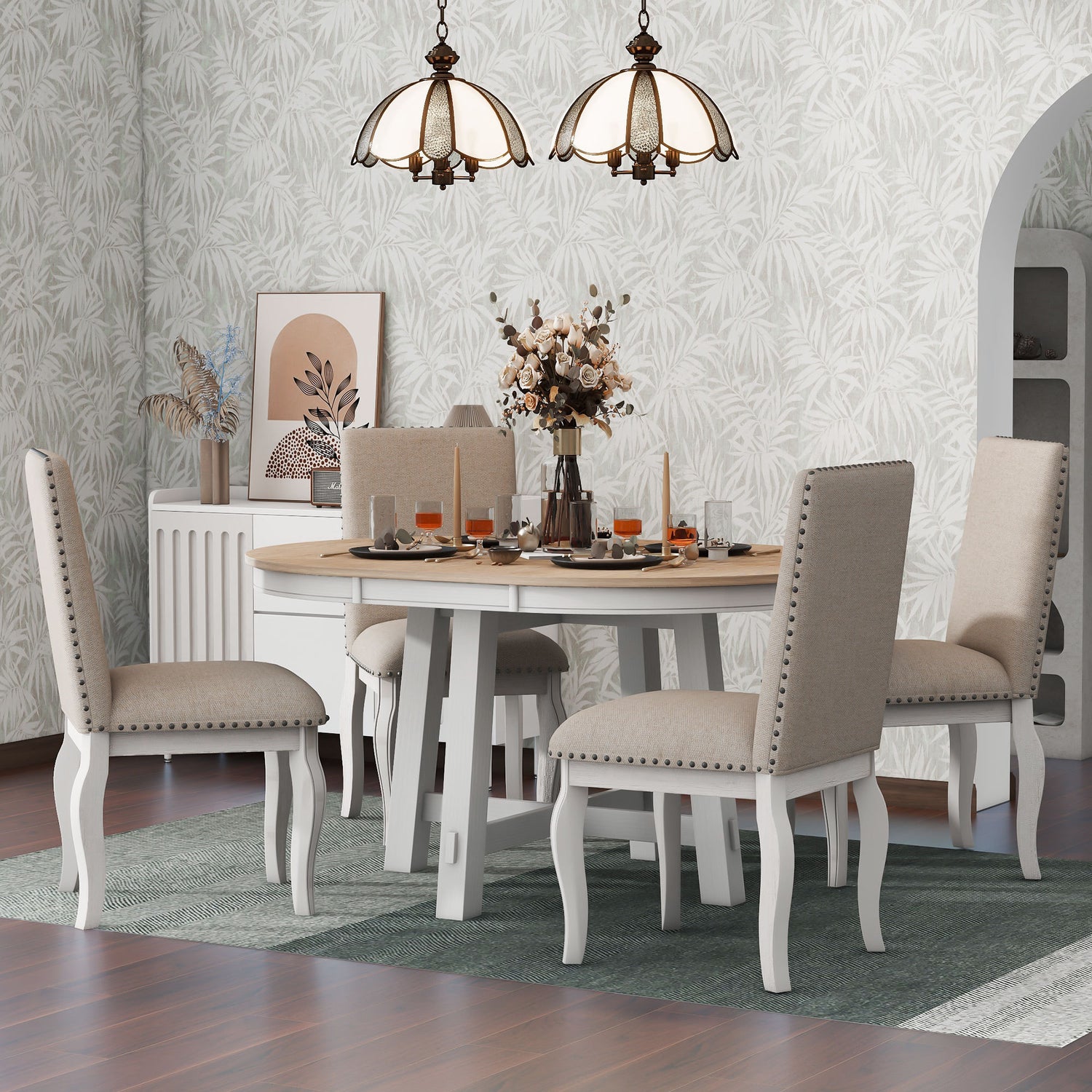 TREXM 5-Piece Farmhouse Dining Table Set Wood Round Extendable Dining Table and 4 Upholstered Dining Chairs (Oak Natural Wood + Antique White) - Home Elegance USA