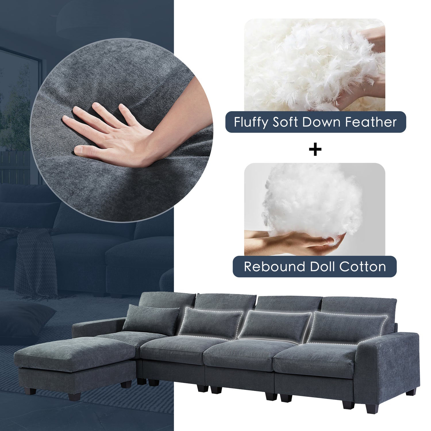 U_Style Modern Large L-Shape Feather Filled Sectional Sofa,  Convertible Sofa Couch with Reversible Chaise for Living Room - Home Elegance USA