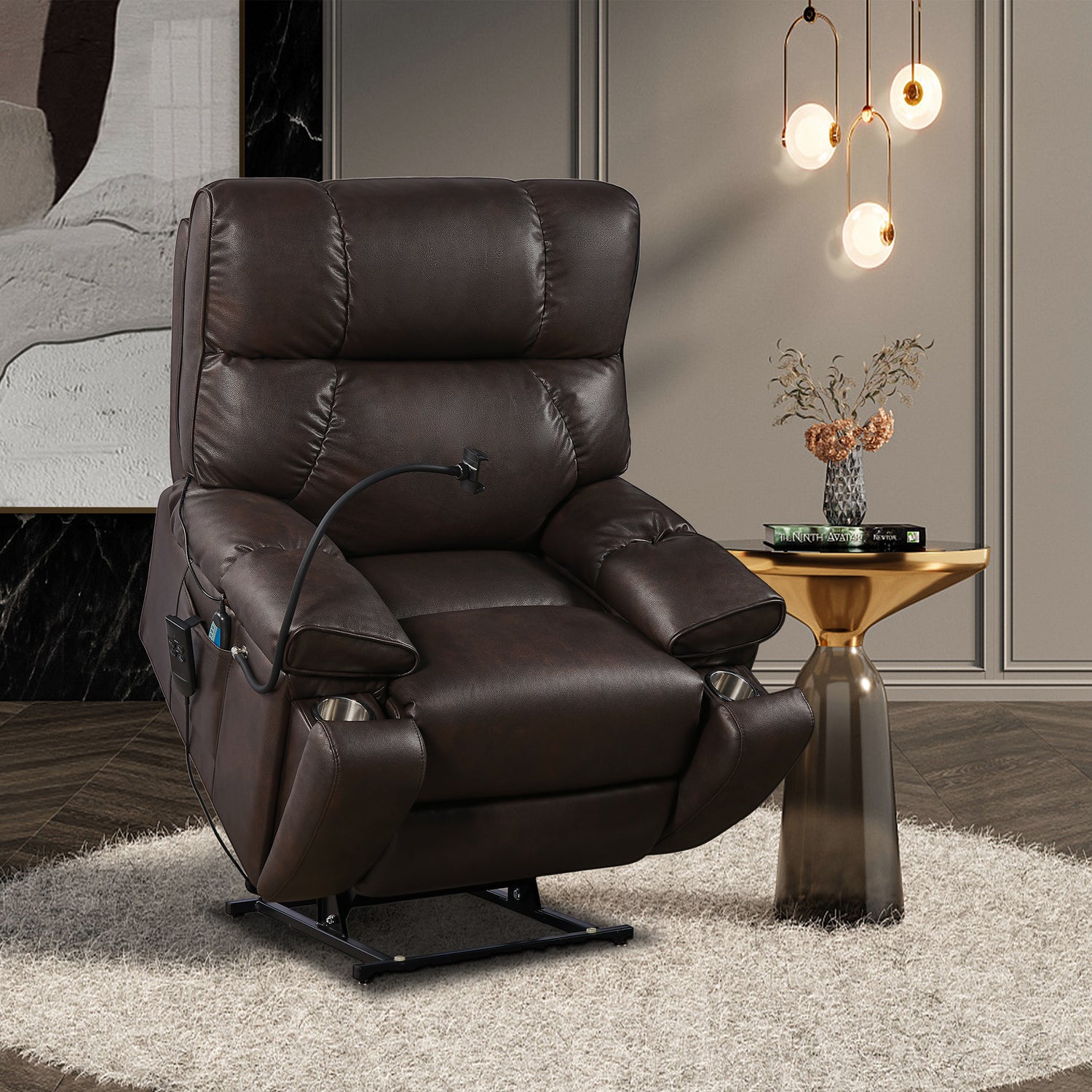 Recliner Chair with Phone Holder,Electric Power Lift Recliner Chair with 2 Motors Massage and Heat for Elderly, 3 Positions, 2 Side Pockets, Cup Holders Home Elegance USA