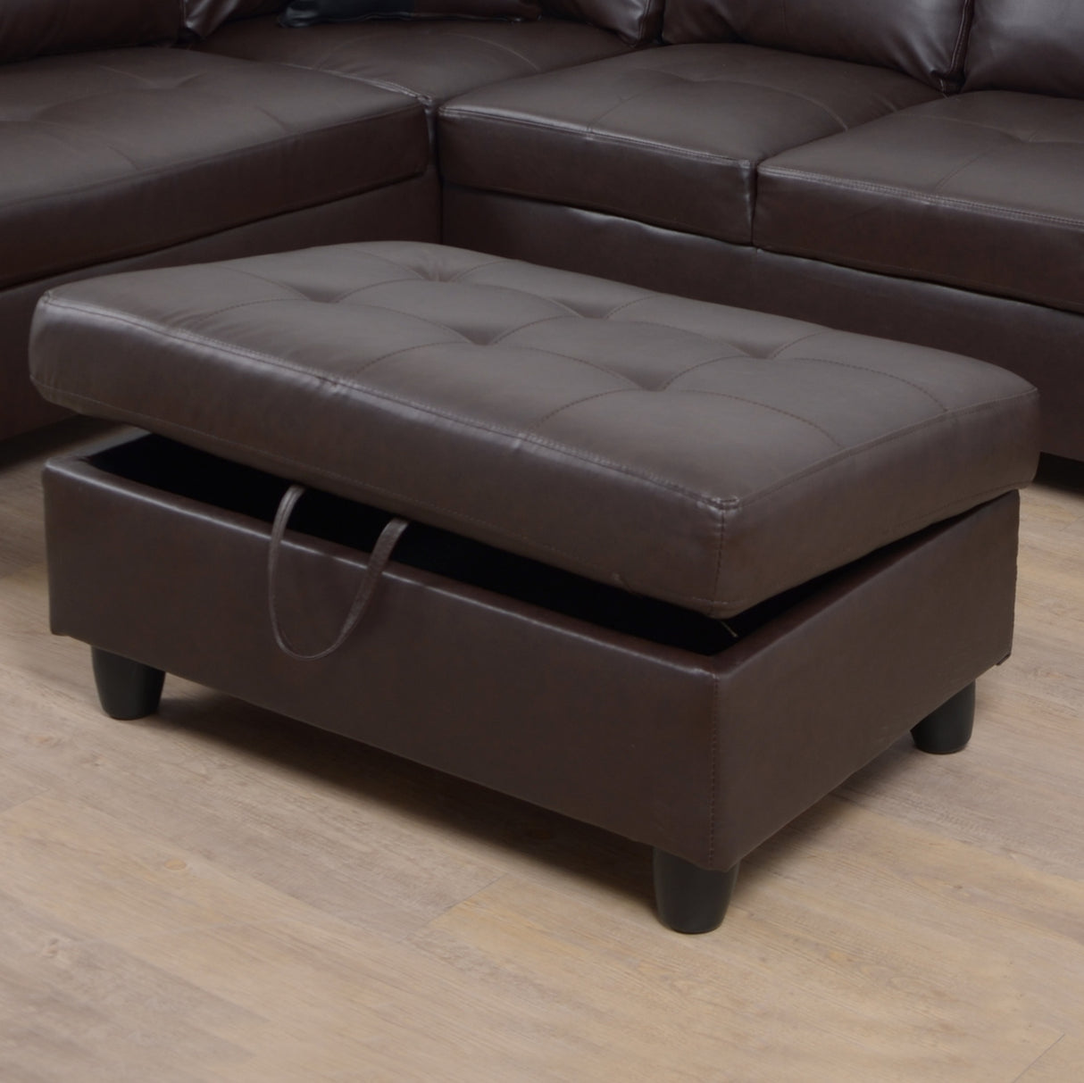 3 PC Sectional Sofa Set, (Brown) Faux Leather Right - Facing Chaise with Free Storage Ottoman | Home Elegance USA