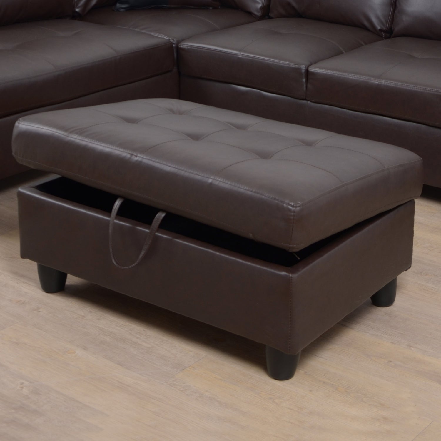 3 PC Sectional Sofa Set, (Brown) Faux Leather Right - Facing Chaise with Free Storage Ottoman | Home Elegance USA