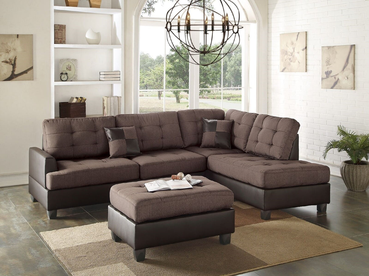 Sectional Sofa Chocolate Polyfiber Cushion Tufted Reversible 3pc Sectional Sofa, Chaise Ottoman Living Room Furniture - Home Elegance USA