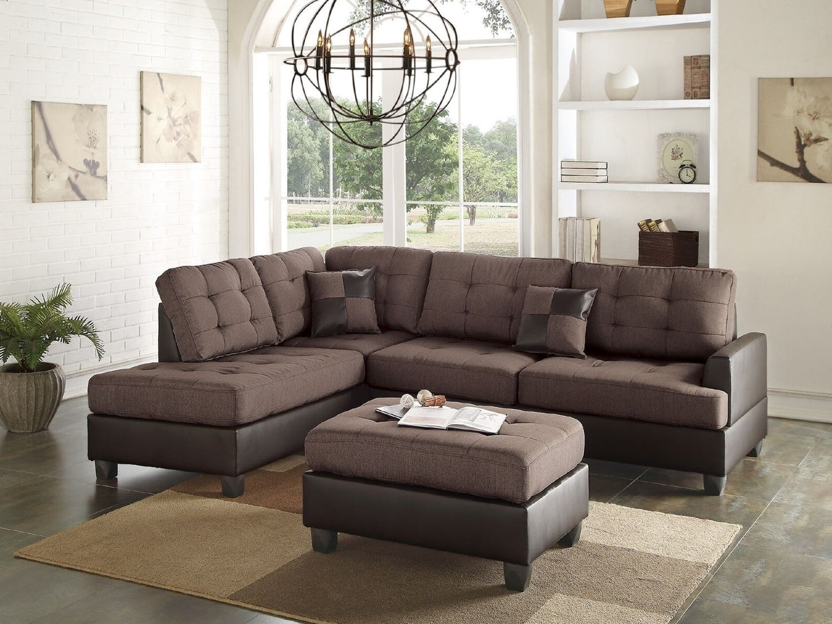 Sectional Sofa Chocolate Polyfiber Cushion Tufted Reversible 3pc Sectional Sofa, Chaise Ottoman Living Room Furniture - Home Elegance USA