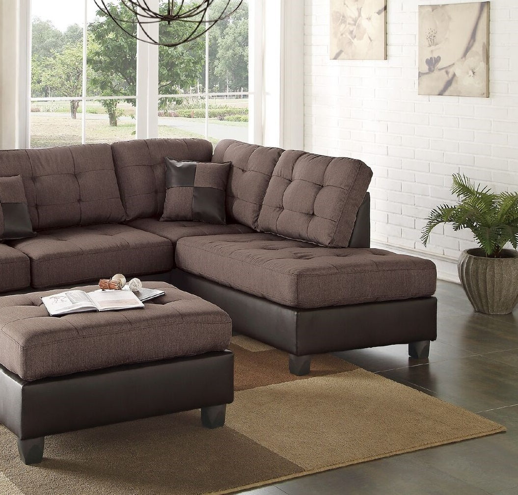 Sectional Sofa Chocolate Polyfiber Cushion Tufted Reversible 3pc Sectional Sofa, Chaise Ottoman Living Room Furniture - Home Elegance USA