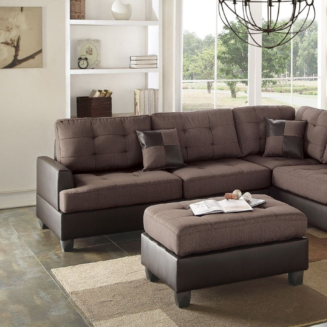 Sectional Sofa Chocolate Polyfiber Cushion Tufted Reversible 3pc Sectional Sofa, Chaise Ottoman Living Room Furniture - Home Elegance USA
