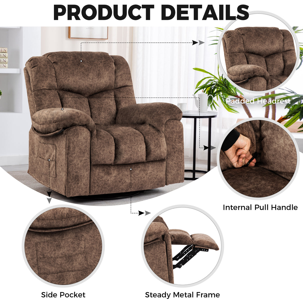 Swivel and Rocking Recliner Chair with Massage and Heating Bonded Leather Sofa Home Elegance USA