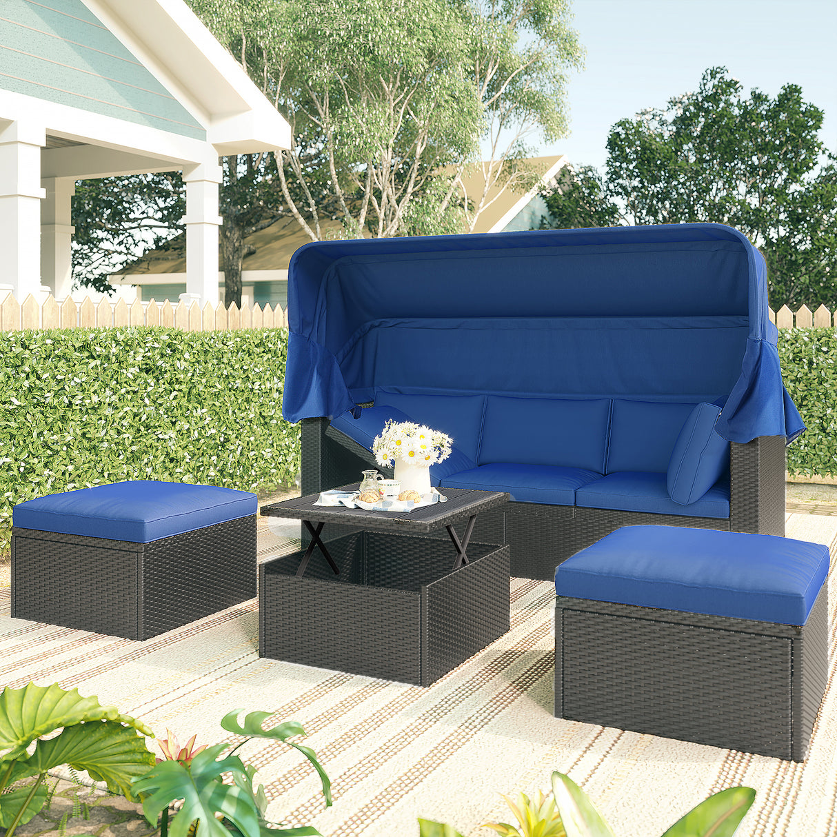 U_Style Outdoor Patio Rectangle Daybed with Retractable Canopy, Wicker Furniture Sectional Seating with Washable Cushions, Backyard, Porch(As same as WY000263AAV) - Home Elegance USA