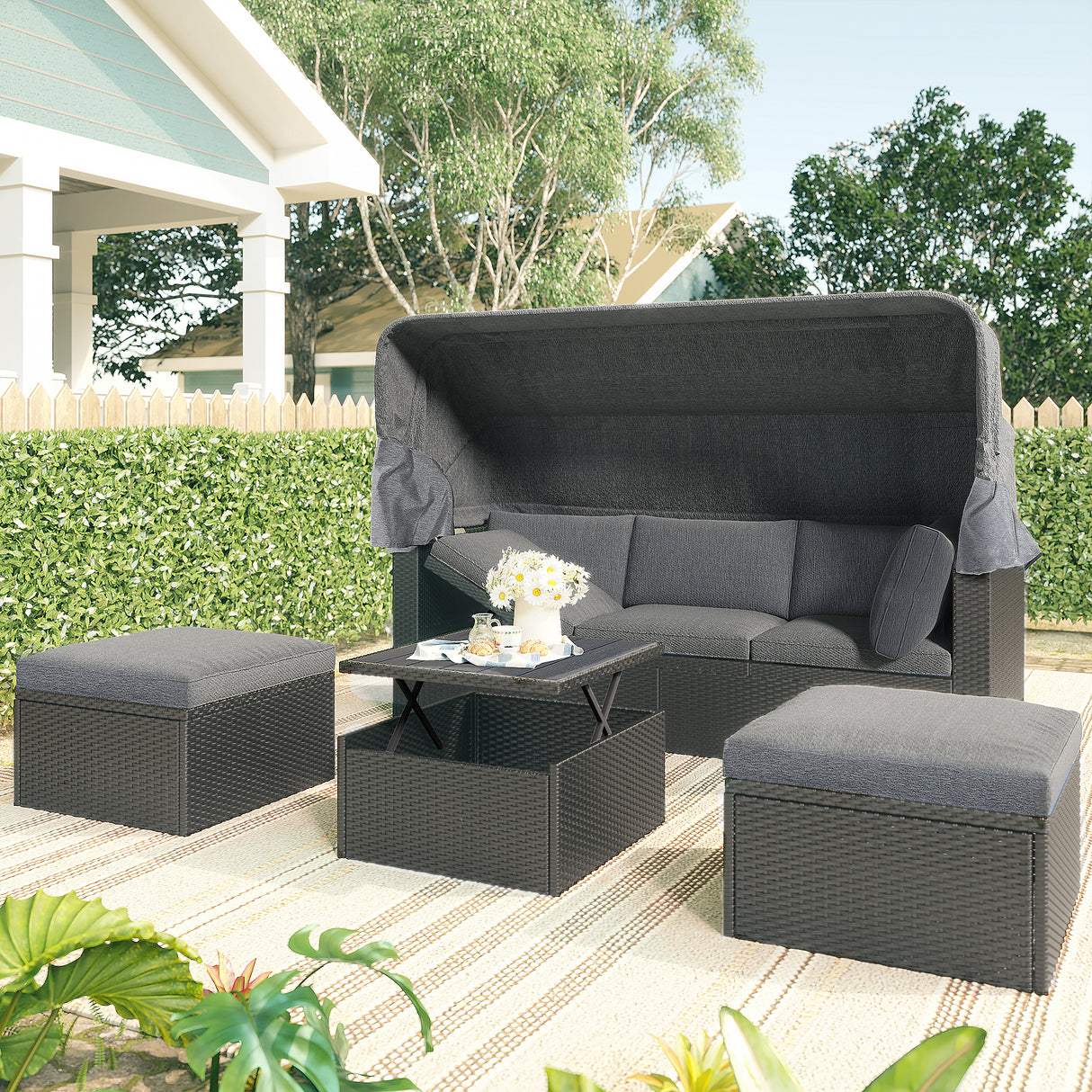 U_Style Outdoor Patio Rectangle Daybed with Retractable Canopy, Wicker Furniture Sectional Seating with Washable Cushions, Backyard, Porch(As same as WY000263AAE) - Home Elegance USA