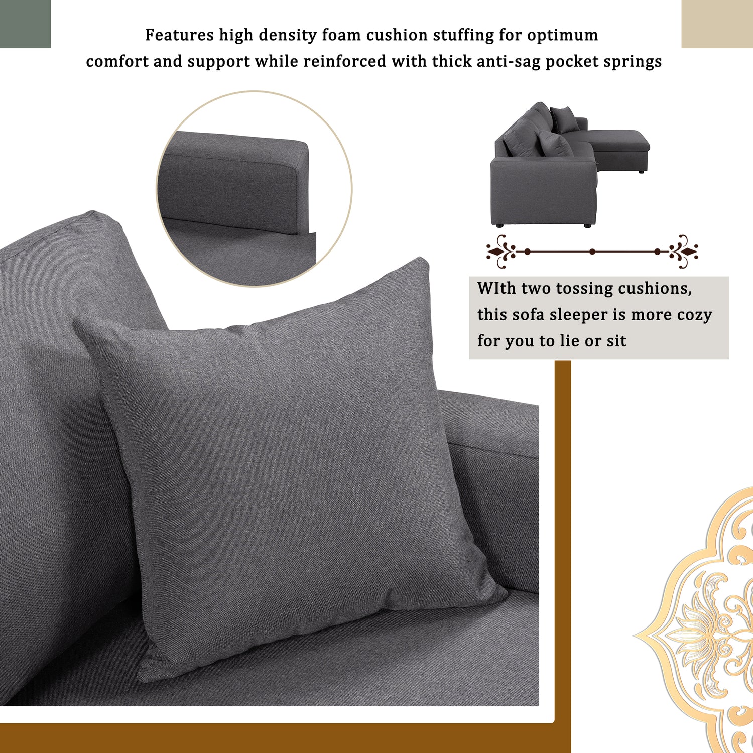 U_STYLE Upholstery  Sleeper Sectional Sofa Grey with Storage Space, 2 Tossing Cushions - Home Elegance USA