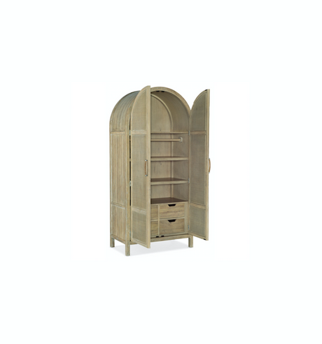 Stylish wooden armoire with multiple storage compartments, perfect for organizing clothing and accessories in a modern bedroom.
