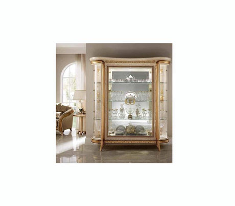 Elegant wooden china cabinet with glass shelves and doors, perfect for displaying fine china and glassware in your dining room.