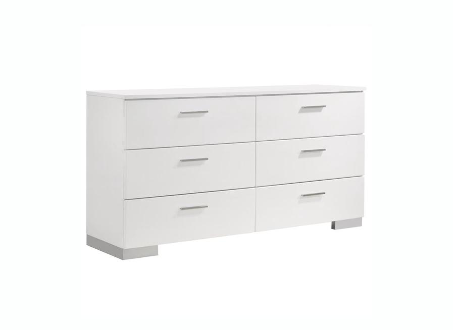 Collection of white dressers in modern, glam, farmhouse, and traditional styles with multiple drawer configurations, designed for versatile bedroom storage and décor.
