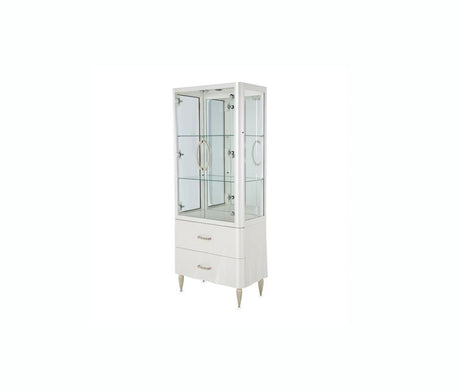 Elegant wooden curio cabinet with glass doors and interior lighting, perfect for displaying collectibles.