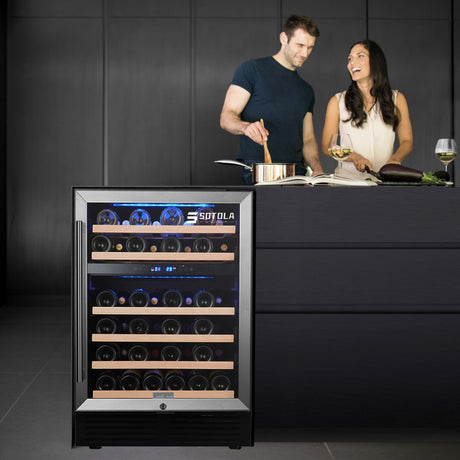 Elegant wooden wine rack with multiple bottle slots and storage for glasses.