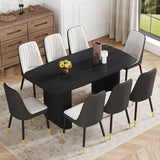 Juego de mesa y sillas. Mesa de comedor de MDF con veta de madera negra de 67 x 35,4 pulgadas: una opción simple, lujosa y estable. Combina con 8 sillas de color blanco y gris oscuro empalmadas con cojines de PU y patas de metal negro.