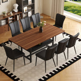 Table and chair set.71 inch long fashionable walnut grain dining table, a practical choice to add color to the home.Paired with 8 Black PU chairs with a vertical stripe design on the backrest.
