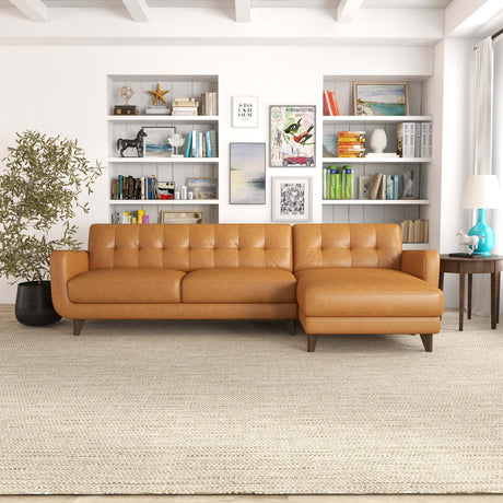 Allison Right-Facing Tan Leather Sectional Sofa Mid-Century Modern Style 113 x 59 x 32 Inches - sold by Home Elegance USA
