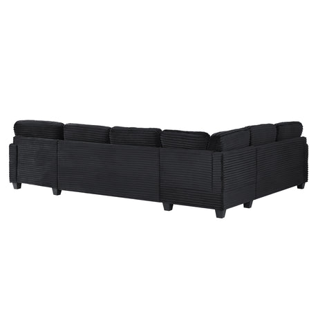 Upholstered U-shaped Sectional Sofa with Movable Ottoman and Side Storage Pockets in Black Corduroy, 125.2 inches - sold by Home Elegance USA