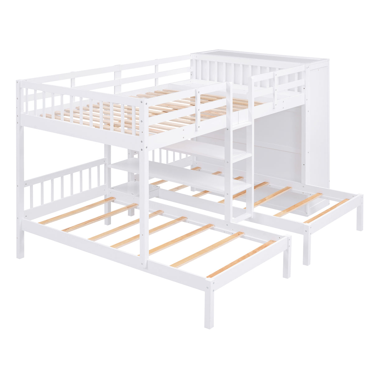 Full-Over-Twin-Twin Bunk Bed with Shelves, Wardrobe and Mirror, White - Home Elegance USA