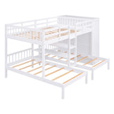 Full-Over-Twin-Twin Bunk Bed with Shelves, Wardrobe and Mirror, White - Home Elegance USA