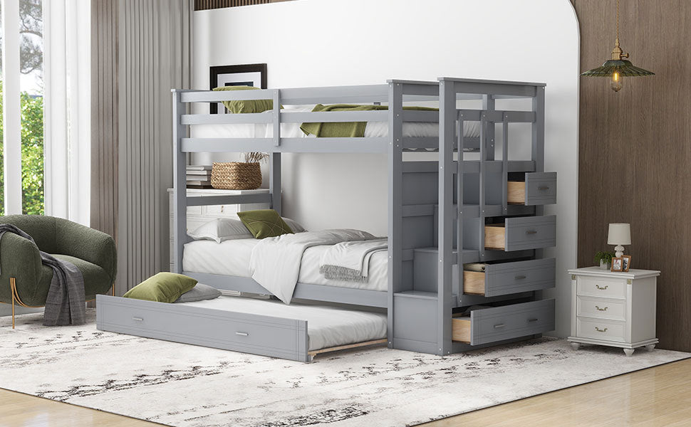 Twin Over Twin Bunk Bed with Trundle and Staircase,Gray(OLD SKU:LT000068AAE) - Home Elegance USA