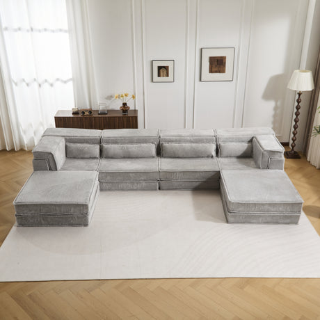 Compression Mahjong Sofa,Convertible Floor Sofa Bed,DIY Boneless Modular Sectional Sofa,No Assembly Required,Circle fleece fabric,Oversized 4 Seater with 2 Ottoman,Light-grey - sold by Home Elegance USA