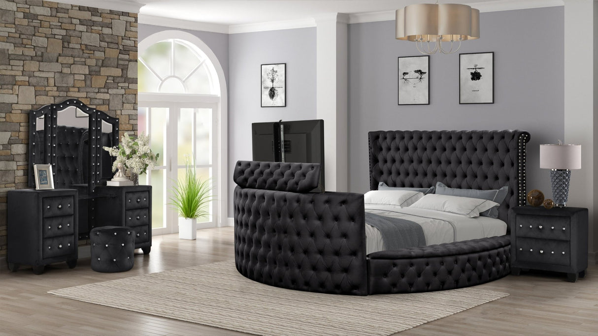 Crystal Tufted Queen 4 Pc Vanity Bedroom Set Made with Wood in Black