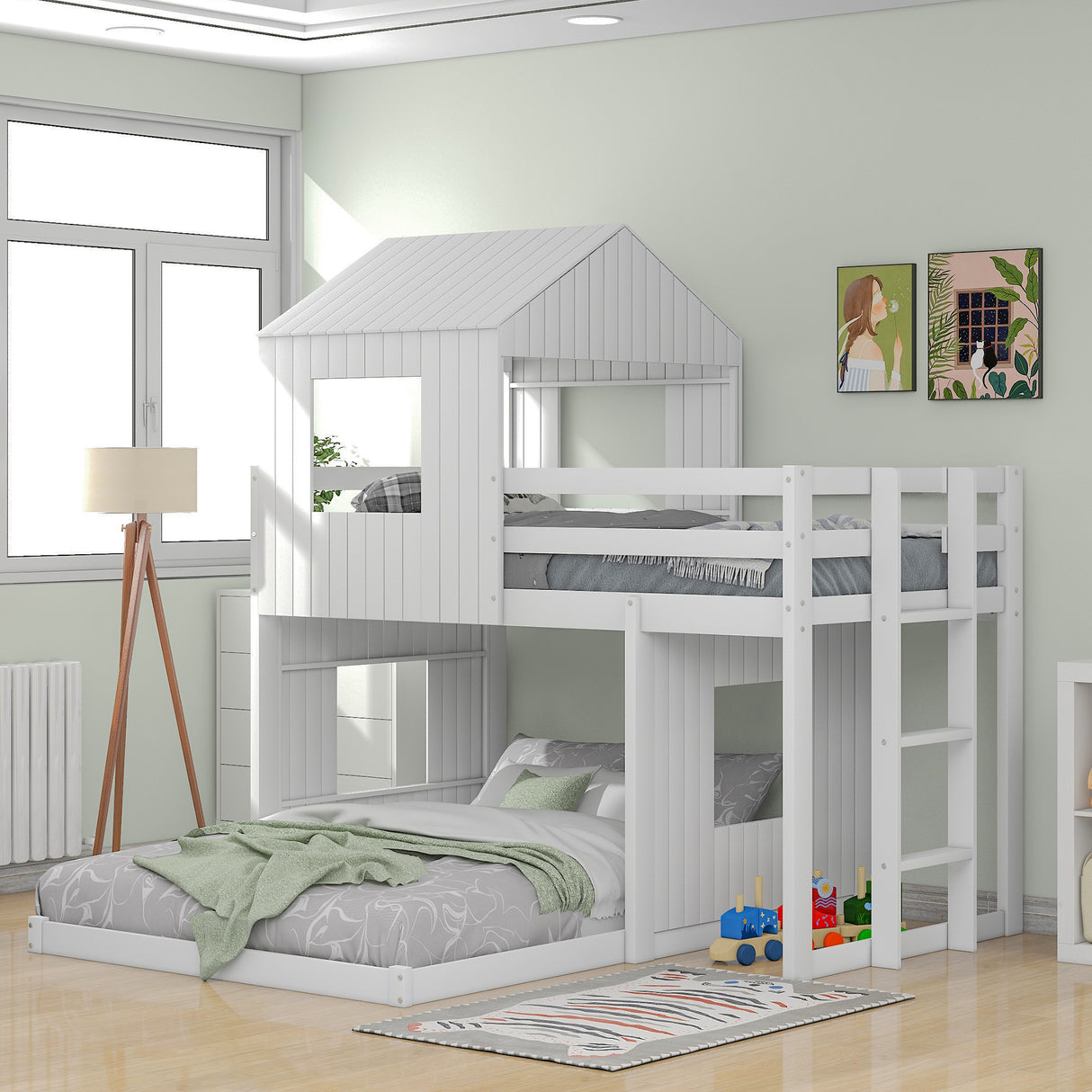 Wooden Twin Over Full Bunk Bed, Loft Bed with Playhouse, Farmhouse, Ladder and Guardrails, White( old sku: LT000327AAK )