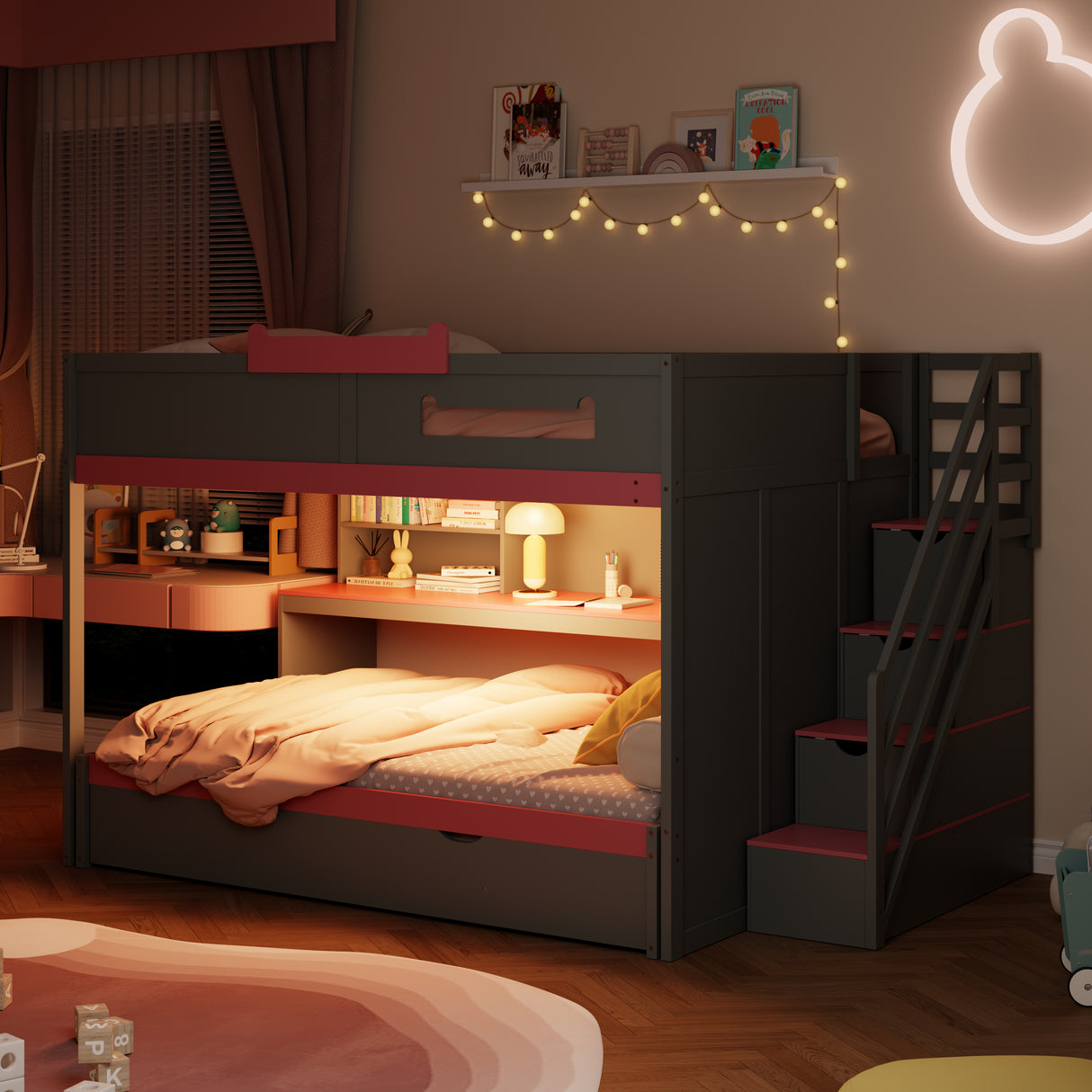 Full Over Full Bunk Bed with Twin Size Trundle and Staircase, Shelves, LED,Gray - sold by Home Elegance USA