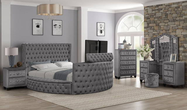 Crystal Tufted Queen 5 Pc Vanity Bedroom Set Made with Wood in Gray