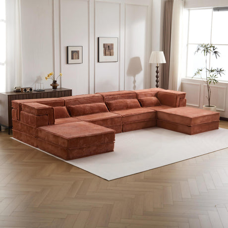 Compression Mahjong Sofa,Convertible Floor Sofa Bed,DIY Boneless Modular Sectional Sofa,No Assembly Required,Circle fleece fabric,Oversized 4 Seater with 2 Ottoman,Orange - sold by Home Elegance USA