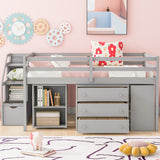 Full Size Loft Bed with Retractable Writing Desk and 3 Drawers, Wooden Loft Bed with Storage Stairs and Shelves, Gray(OLD SKU: LT000217AAE)