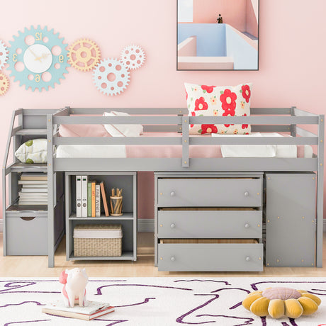 Full Size Loft Bed with Retractable Writing Desk and 3 Drawers, Wooden Loft Bed with Storage Stairs and Shelves, Gray(OLD SKU: LT000217AAE)