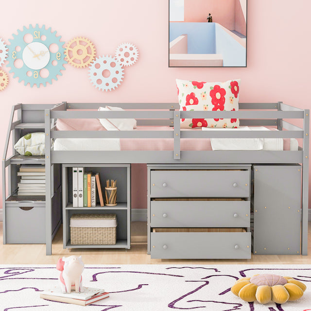 Full Size Loft Bed with Retractable Writing Desk and 3 Drawers, Wooden Loft Bed with Storage Stairs and Shelves, Gray(OLD SKU: LT000217AAE)