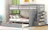 Full Over Full Bunk Bed with Twin Size Trundle and Staircase, Gray - Home Elegance USA