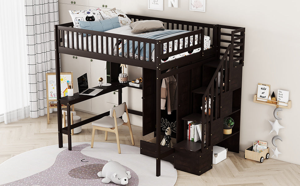 Full size Loft Bed with Bookshelf,Drawers,Desk,and Wardrobe-Espresso - Home Elegance USA