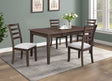 5pc Multifunctional Dining Table Rich Wood Finish Dual Ended Hidden Storage Compartments Two Built-in Side Drawers Upholstered ladder Back Chairs Wooden Dining Room Furniture