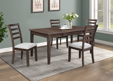 5pc Multifunctional Dining Table Rich Wood Finish Dual Ended Hidden Storage Compartments Two Built-in Side Drawers Upholstered ladder Back Chairs Wooden Dining Room Furniture