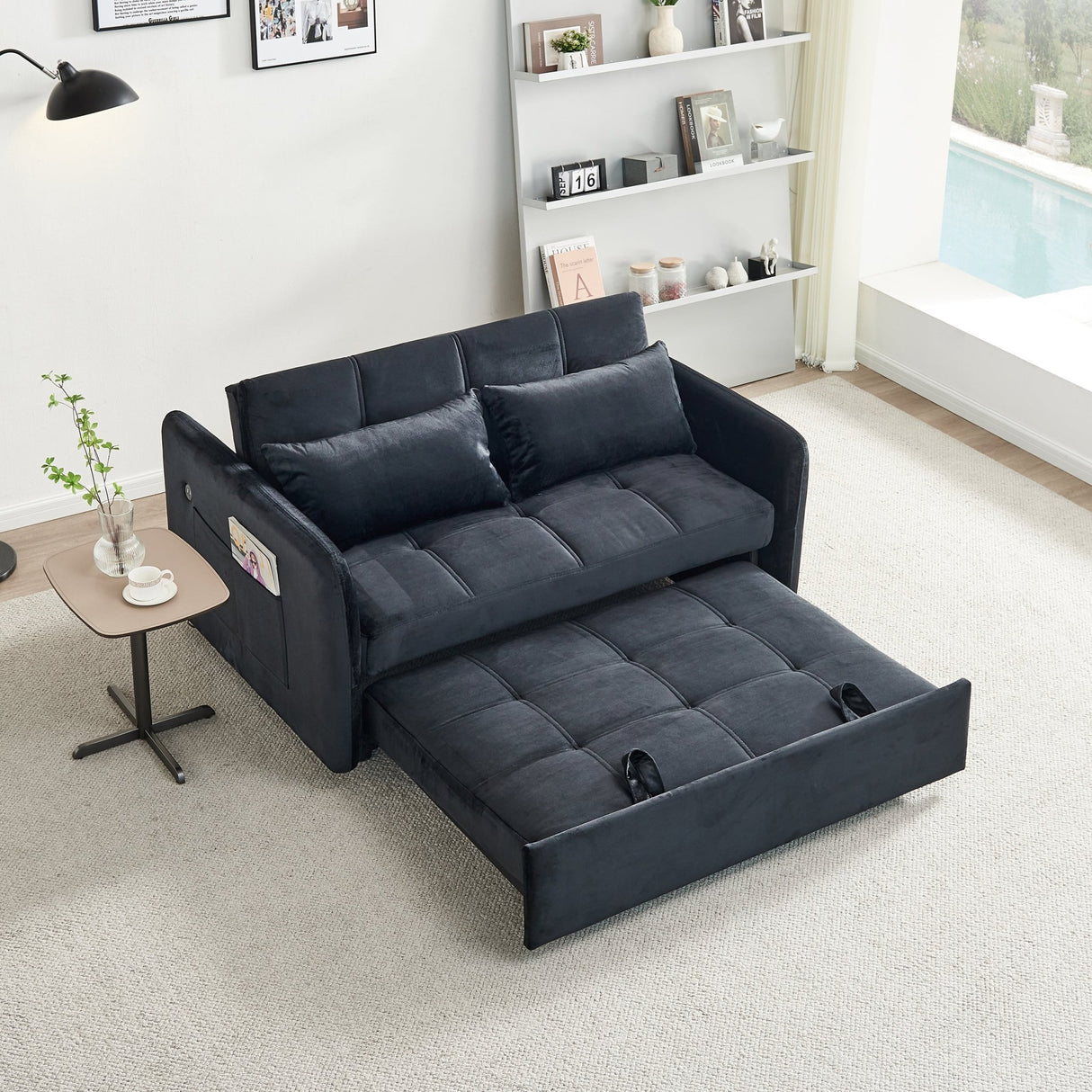 55.5" Twins Pull Out Sofa Bed Black Velvet - W1097104078 - image - 6