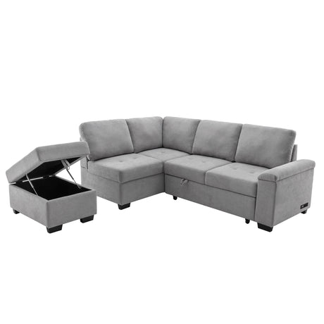 Sleeper Sectional Sofa, L-Shape Corner Couch Sofa-Bed with Storage Ottoman & Hidden Arm Storage & USB Charge  for Living Room Apartment, Gray - sold by Home Elegance USA