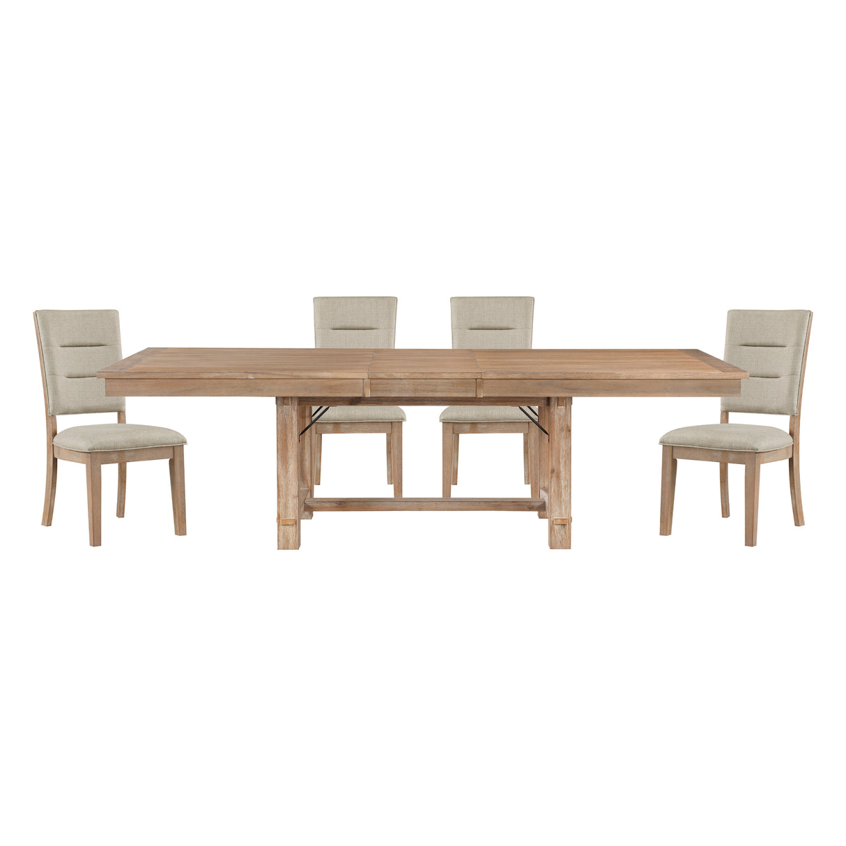 Light Oak Finish 5pc Dining Set Table with Self-storing Leaf and Beige Side Chairs Wooden Dining Furniture
