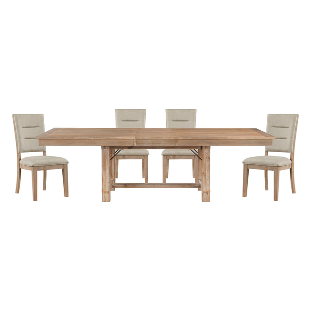 Light Oak Finish 5pc Dining Set Table with Self-storing Leaf and Beige Side Chairs Wooden Dining Furniture