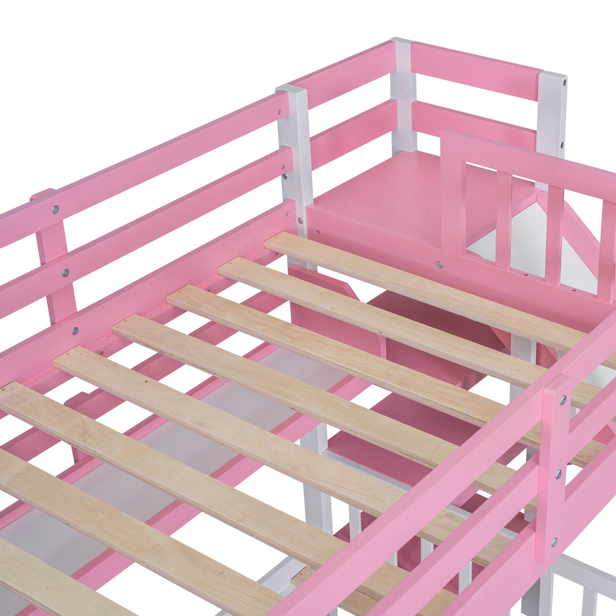 Twin-Over-Twin Castle Style Bunk Bed with 2 Drawers 3 Shelves and Slide - Pink - Home Elegance USA