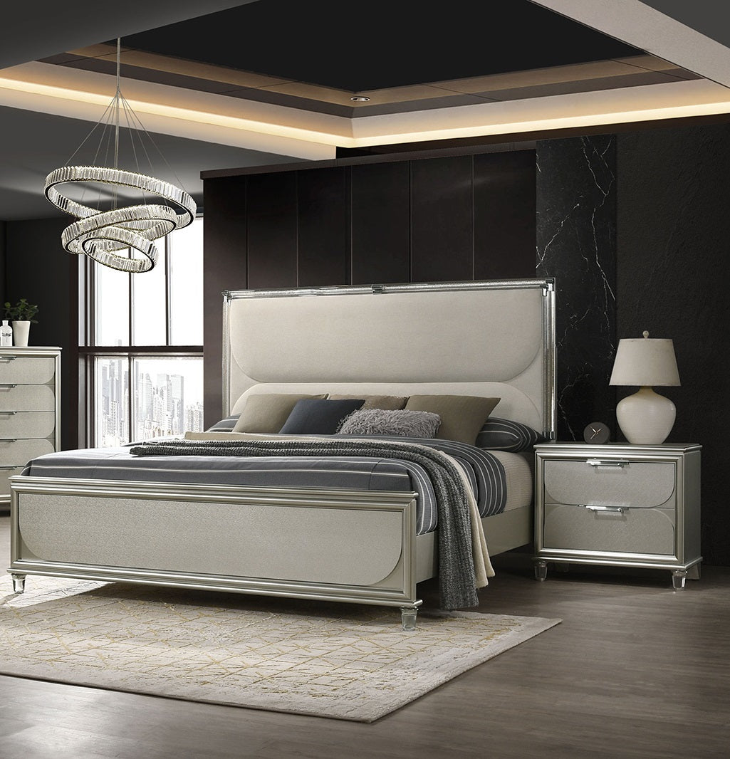 Glamorous Luxury Silver Fabric Upholstered Queen Size Bed w LED 2x Nightstands Embossed Panel 3pc Set Bedroom Furniture