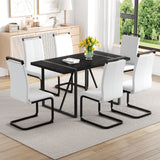 Black Faux Wood Grain MDF Dining Table Set.A minimalist retro rectangular dining table with a black textured top.Paired with 6 White PU chairs with Black Featuring arched black legs.
