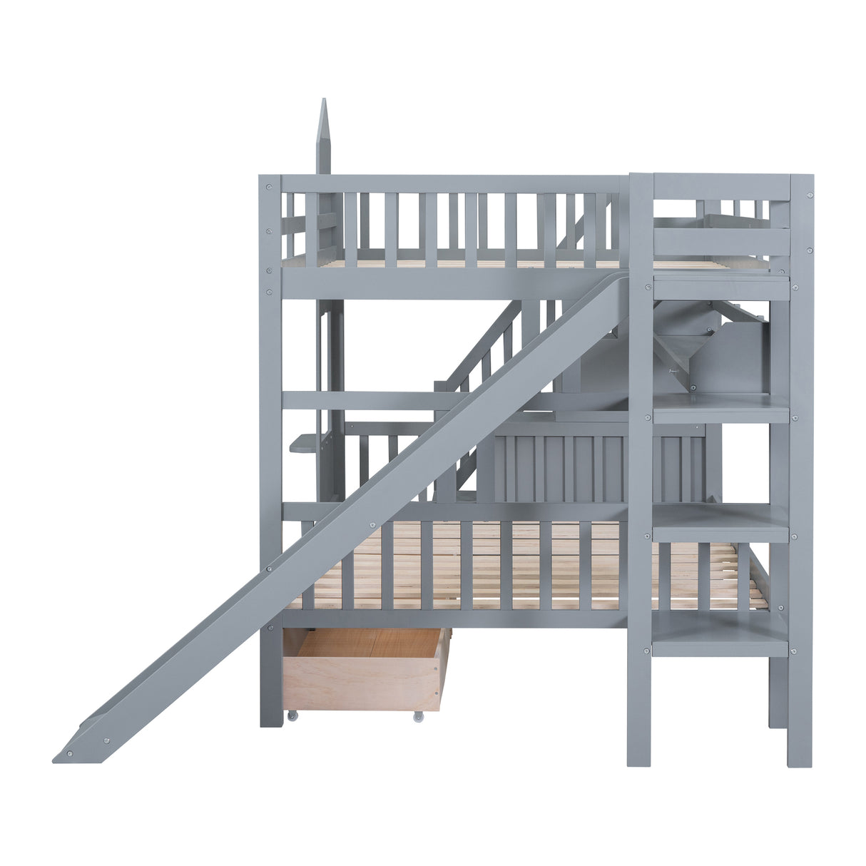 Full-Over-Full Castle Style Bunk Bed with 2 Drawers 3 Shelves and Slide - Gray - Home Elegance USA