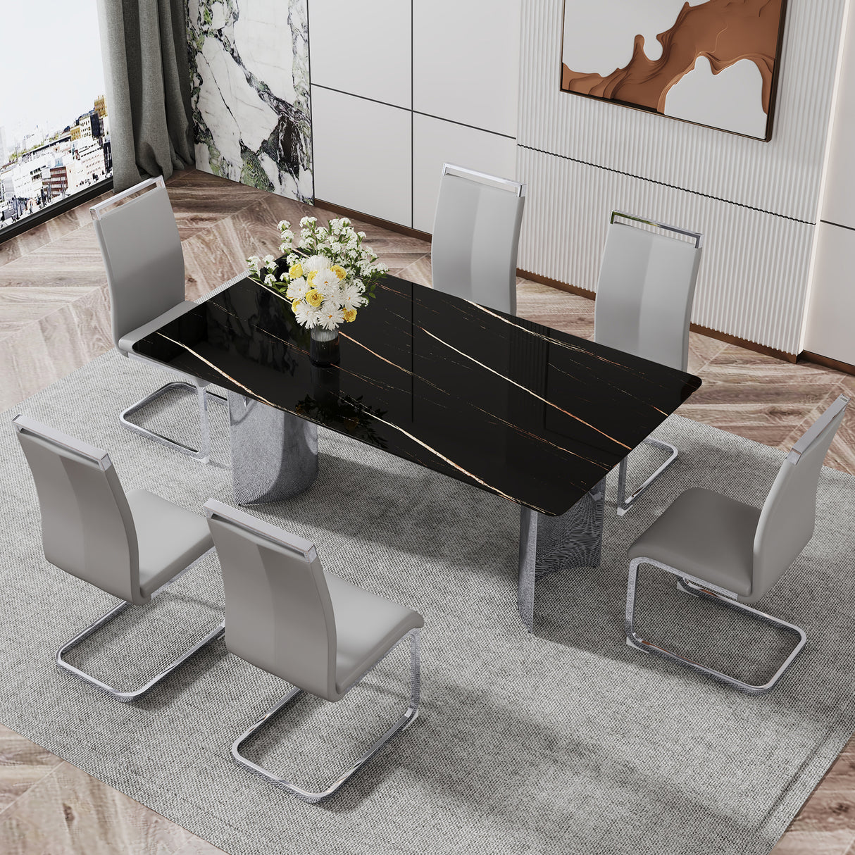 Table and chair set.The table has a glass top with imitation marble pattern stickers and stainless steel silver legs.Paired with 6 Light Gray PU Chairs with Silver C-tube Metal Leg.