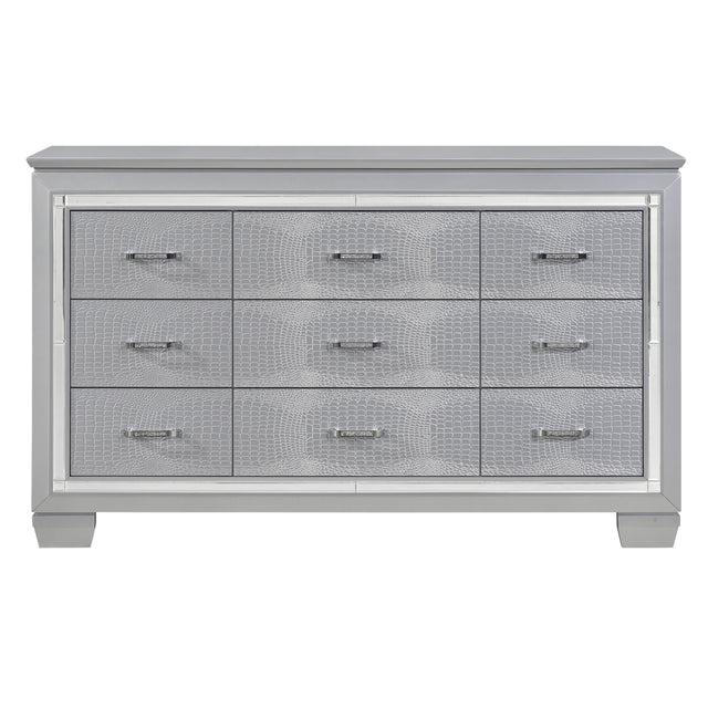 Modern Glam Silver Finish 1pc Nine Drawers Dresser Faux Alligator Textured Drawers Fronts Faux Crystals Wooden Bedroom Furniture