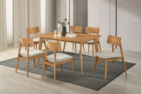 Casual Farmhouse Dining Set 7pcs Table and Side Chairs Beige Fabric Upholstered Curve Back Wooden Furniture