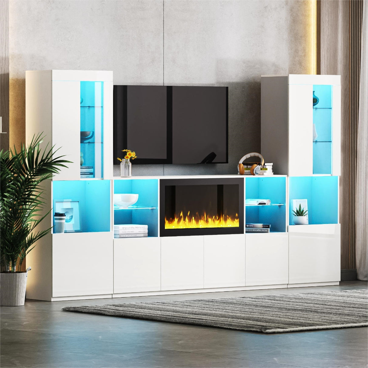 ON-TREND Modern TV Stand with 34.2' Non-heating Electric Fireplace, High Gloss Entertainment Center with LED Lights, Media Console with Tempered Glass Shelves for TVs up to 75', White